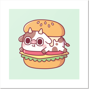 Cute Cow In A Burger Funny Posters and Art